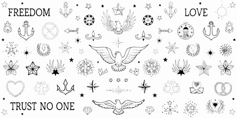 Collection of black and white tattoo style illustrations with inspirational words © Milton