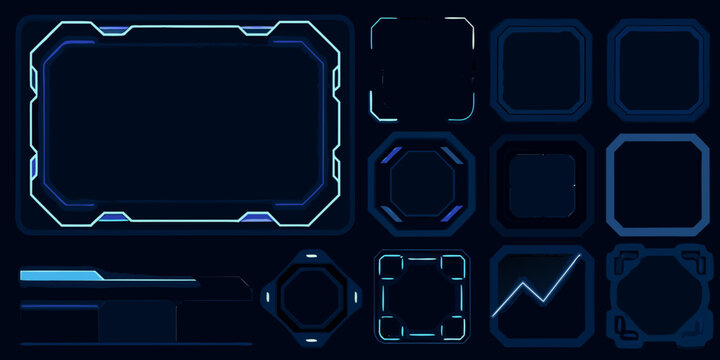Futuristic user interface elements with glowing blue neon outlines