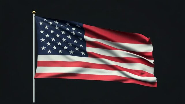 Realistic american flag waving in the wind against a black background with a flagpole