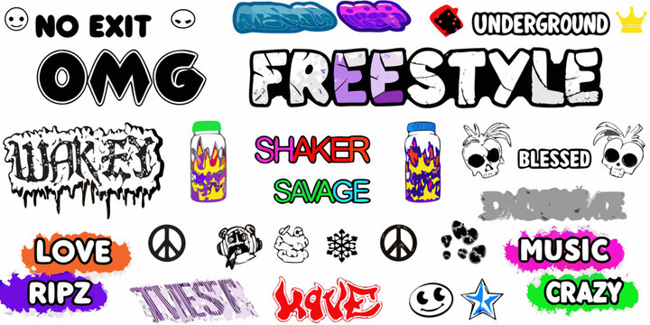 A vibrant collection of graffiti style stickers and text designs