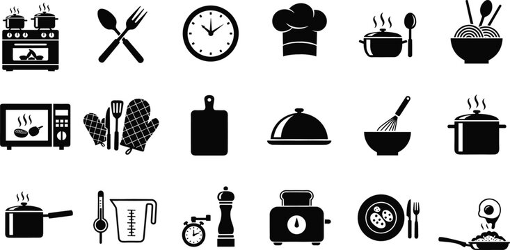Kitchen and Cooking Icon Set with Food Preparation Tools, Utensils, and Appliances in Flat Design Style for Restaurant, Menu, and Culinary Graphics
