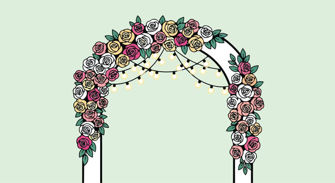 A floral arch with string lights and roses