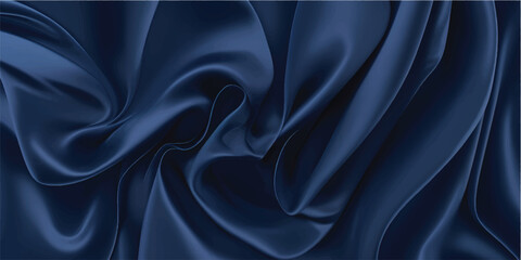 Dark royal blue satin fabric with elegant folds and silky texture.  Luxurious textile concept for interior and fashion design. For banner, wallpaper, and greeting card with copy space © FSompa