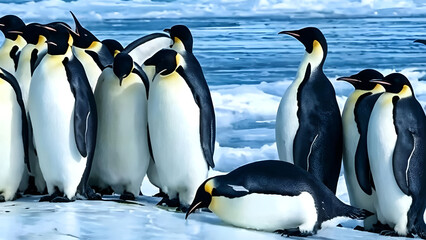 Fototapeta premium A realistic cinematic shot of a colony of Emperor penguins standing on a bright ice shelf under natural light