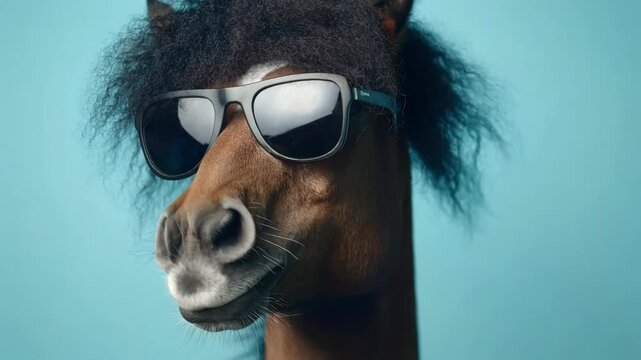 Funky brown horse with a black afro wig and sunglasses dancing against a solid blue background