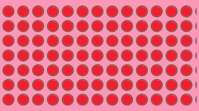 Animation a repetitive pattern of red watermelons on a pink background.