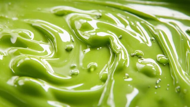 Rich green creamy liquid slowly swirling, creating a beautiful cosmetic texture background