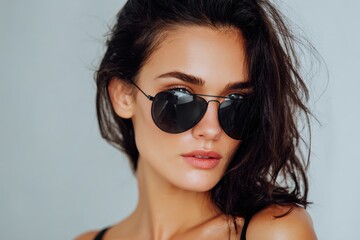 Fototapeta premium 丸いサングラスをかけた女性がスタジオに立っている