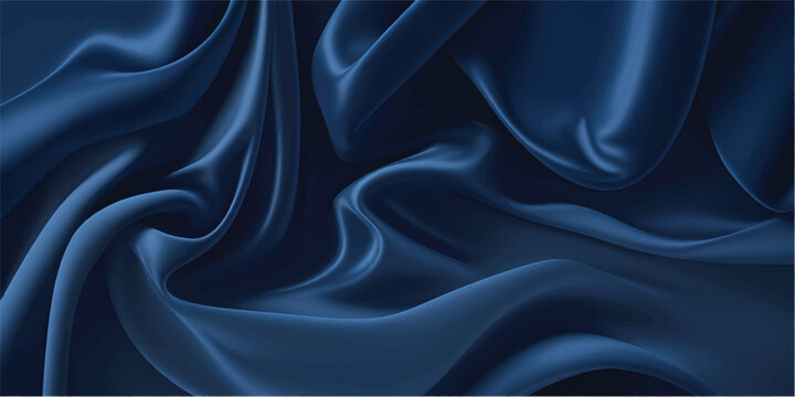 Elegant dark blue silk fabric draped softly luxurious smooth texture background image wave fold rich