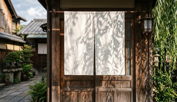 Blank white traditional Japanese Noren curtain mockup at a wooden shop entrance