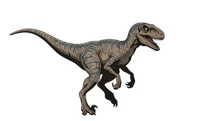 Naklejka premium Detailed illustration of a velociraptor dinosaur with sharp claws and teeth standing in a dynamic pose on a white background.
