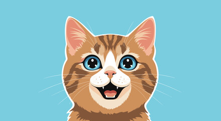 Obraz premium Close-up portrait of a ginger and white tabby cat with big blue eyes and an open mouth against a blue background.