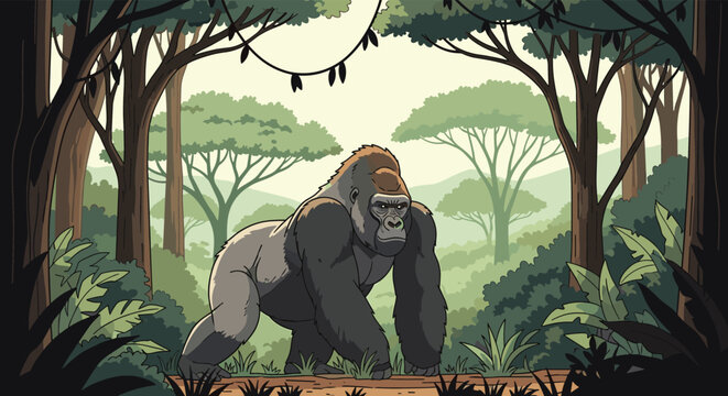 Majestic silverback gorilla walks through a dense prehistoric jungle landscape with lush green trees and misty mountain peaks.