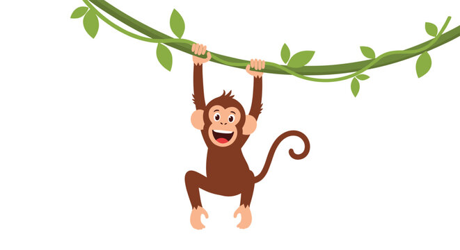 Playful brown monkey hanging from a green vine with leaves while laughing against a clean white background.