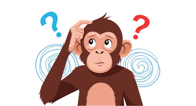 Puzzled brown monkey scratching its head with question marks and swirling thoughts against a white background.