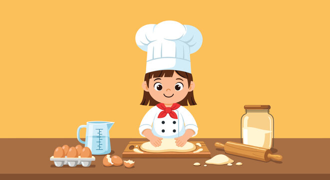 Young girl wearing a chef hat and uniform kneading dough on a wooden board with baking ingredients on the table.