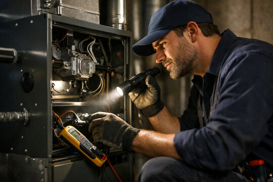 Professional HVAC technician inspecting residential furnace system in basement while taking notes, showcasing maintenance, repair service, heating system check, safety inspection, and home service wor