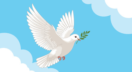 Obraz premium White peace dove flying through a blue sky with fluffy white clouds while carrying a green olive branch in its beak.