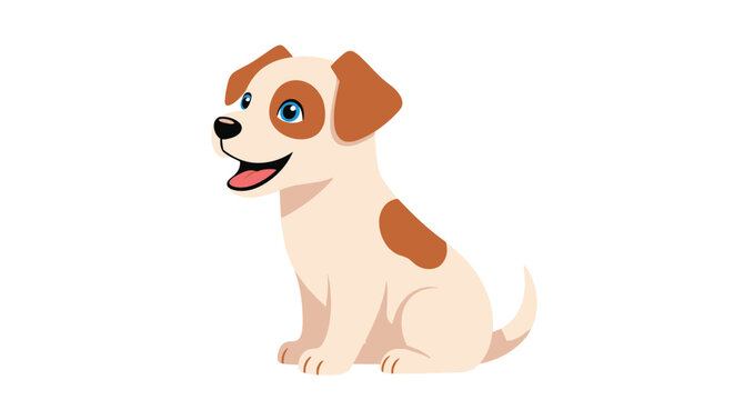 Playful brown and white spotted puppy dog sitting calmly and looking up with a happy expression on a white background.