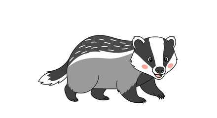 Obraz premium Cute badger with black and white striped fur walks across a plain white surface in a friendly and detailed cartoon illustration.