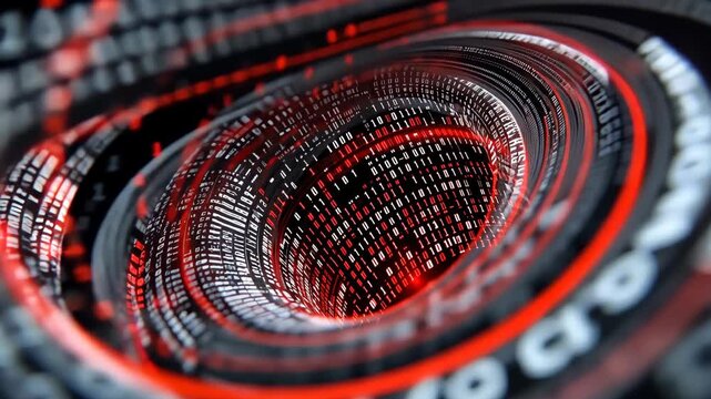A spinning abstract digital data flow sculpture with glowing lines and binary code patterns in dark space. 4k Video footage.