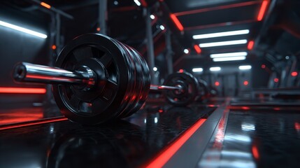Obraz premium Barbell and weights on the floor in a modern gym setting with red lights.
