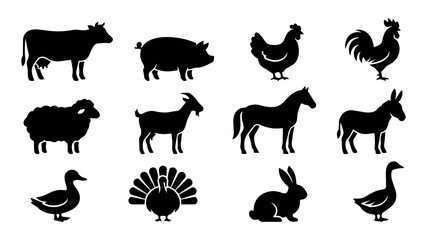 Fototapeta premium Farm Animal Silhouette Set – Classic Farmyard Livestock Icons Collection