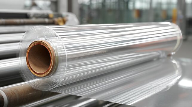 Clear plastic film being extruded in a manufacturing production line
