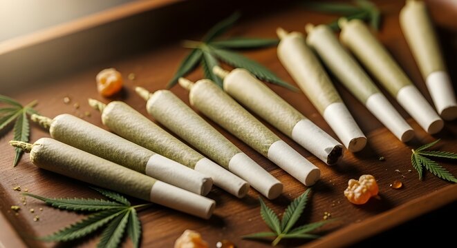 A wooden tray holding several cannabis joints and leaves