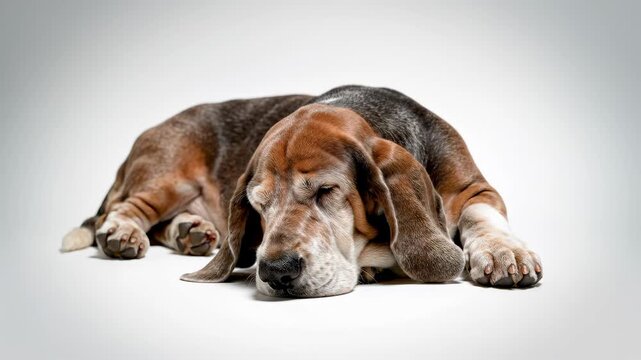 Sad Basset Hound Dog Lying Down on White Background.