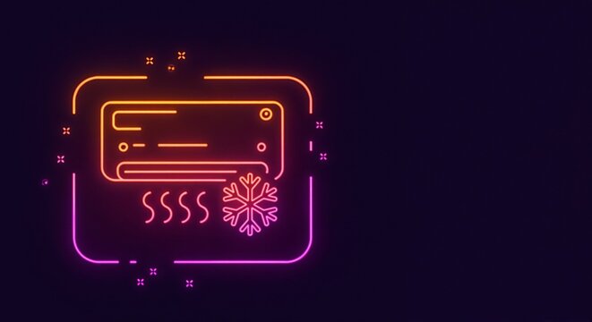 Neon air conditioner icon in purple background with heat and cool symbols  