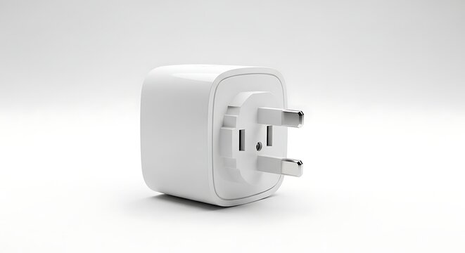 White Universal Travel Adapter with UK Plugs on White Background.