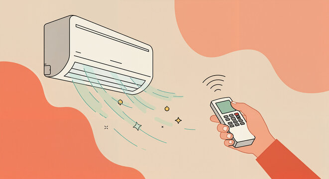 Air conditioner blowing cool air controlled by remote in modern setting  