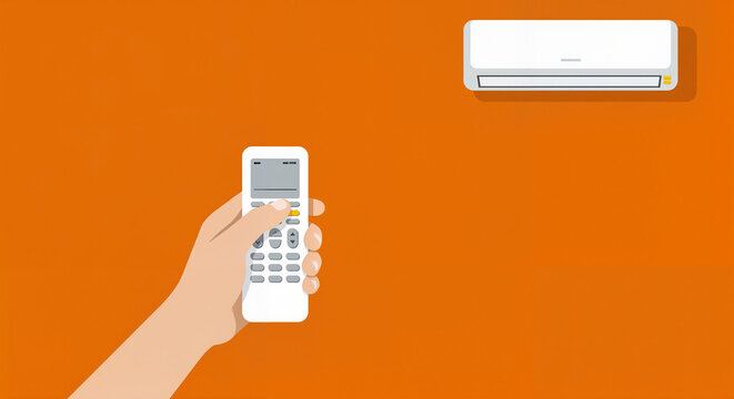 Person using remote control to adjust air conditioner on orange wall  