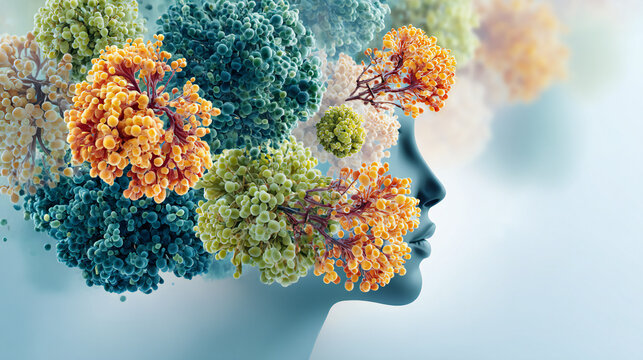 Colorful mold spores shaped as human profile silhouette. Health risk concept for indoor air pollution, fungal contamination, allergy triggers, respiratory problems, and environmental healthcare.
