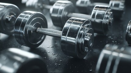 Fototapeta premium Close-up of shiny chrome dumbbells with water droplets on a dark surface.
