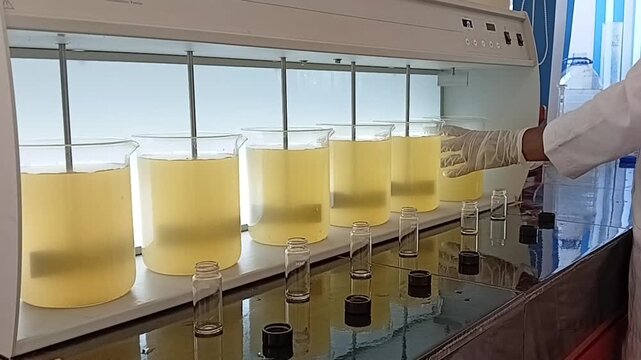 Lowering Mechanical Stirrers into Raw Water Beakers on Flocculation Tester Before Jar Test Agitation