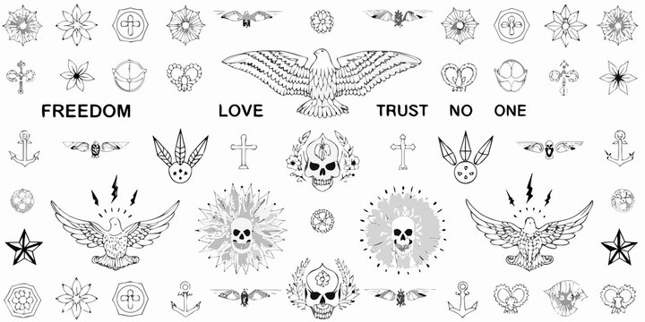 Collection of vintage style tattoo flash designs in black and white