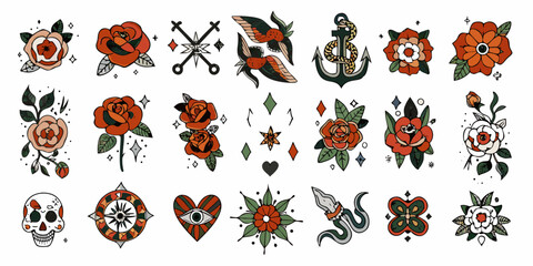 Collection of vintage style temporary tattoos featuring flowers birds and symbols © Gita