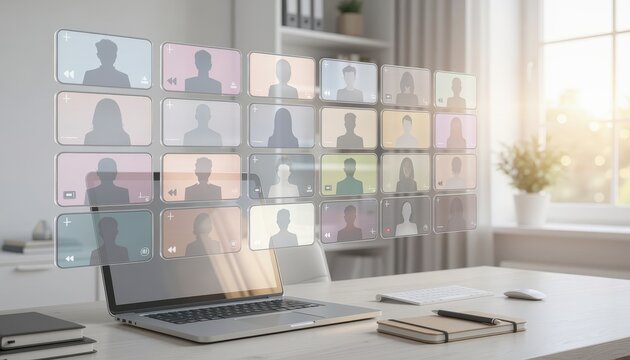Hybrid work environment concept. Virtual video conference with multiple participants displayed above a laptop.
