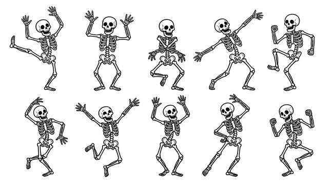 Dancing Skeleton Silhouette Icons Collection of Cartoon Bone Figures in Fun, Dynamic Poses for Halloween and Creative Design