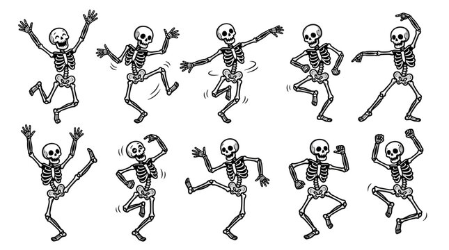Dancing Skeleton Silhouette Icons Collection of Cartoon Bone Figures in Fun, Dynamic Poses for Halloween and Creative Design