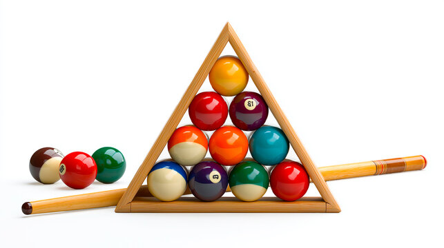Professional set of billiard balls in a wooden triangular stand with cues on a white background.