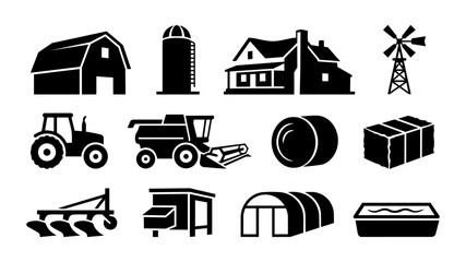 Farm Buildings and Machinery Silhouette Set – Agricultural Equipment and Farm Structures Icons © Mediasegment