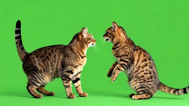 Two Bengal Cats Playfully Interacting on a Green Screen Background.