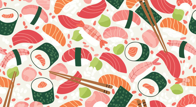 A colorful pattern of various sushi pieces and chopsticks