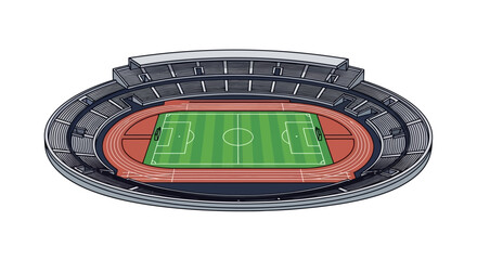 Isometric vector illustration of a football stadium with tribune seating and field area, showcasing a design suitable for a sporting event against a clean white background, with a focus © RizqiArdi