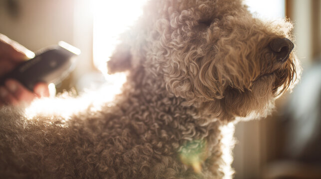Dog grooming session indoors, human hand holding electric clipper trimming curly fur with soft backlight