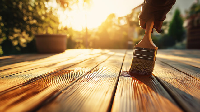 Hand applying protective oil to wooden deck boards with brush, enhancing wood grain texture in evening light