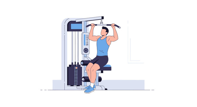 Man doing lat pulldown exercise on gym machine, fitness and workout concept